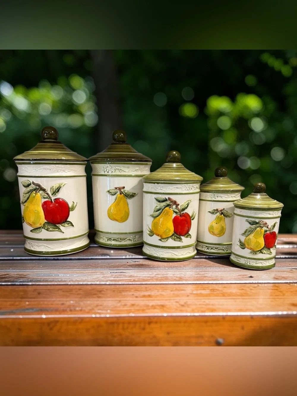 VTG MCM COMPLETE GRADUATED CANISTER SET (10 PCS) 3D FRUIT HAND PAINTED JAPAN